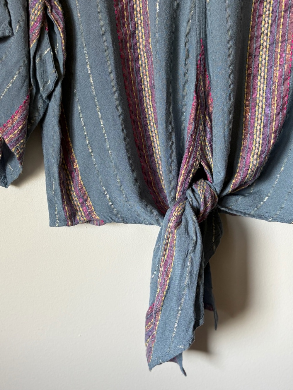 Lovestitch Blue Metallic Stripe Front-Tie Blouse - size Large - boho woven top - Picture 4 of 15